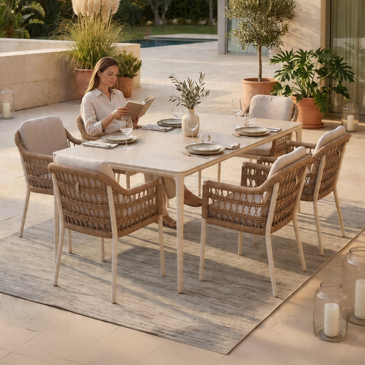 Outdoor Dining Set 7pcs Stad Hm10863.02 Beige Alum. & Olefin-white Sintered Stone Top