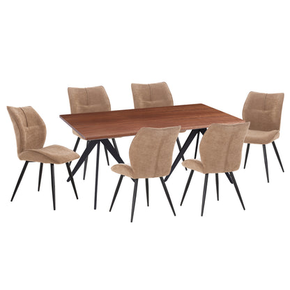 Dining Set 7pcs Gaff Hm10935.03 Mdf Top In Walnut--fabric In Taupe & Black Metal Legs