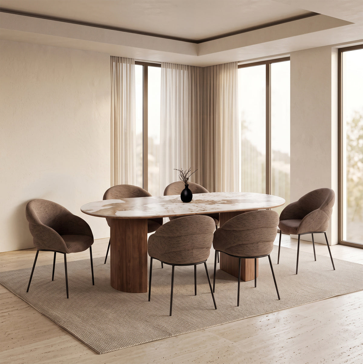 Dining Set 7pcs Drenny Hm11395.03 Ceramic Top In Pandora Color Scheme--chairs With Taupe Color Fabric