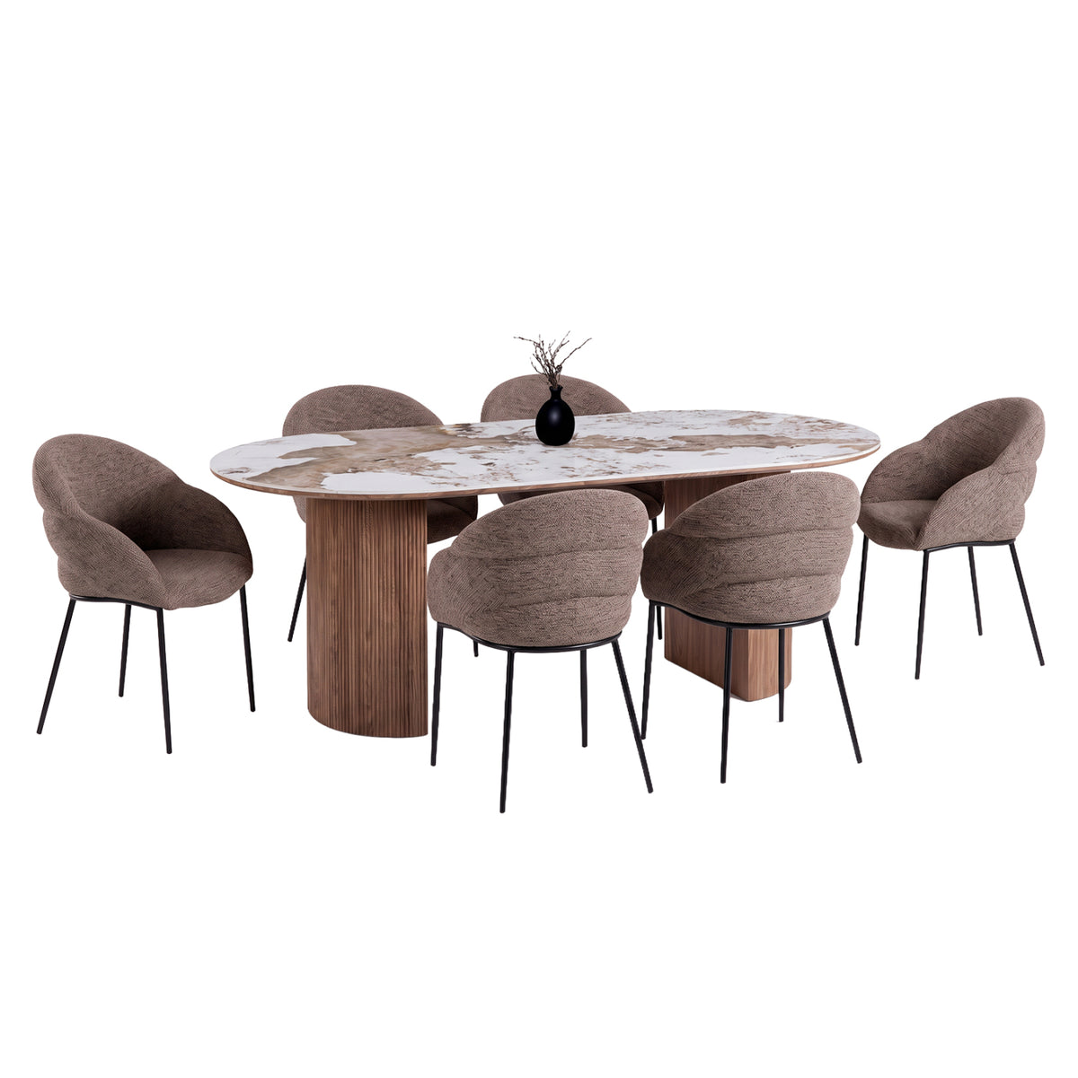 Dining Set 7pcs Drenny Hm11395.03 Ceramic Top In Pandora Color Scheme--chairs With Taupe Color Fabric