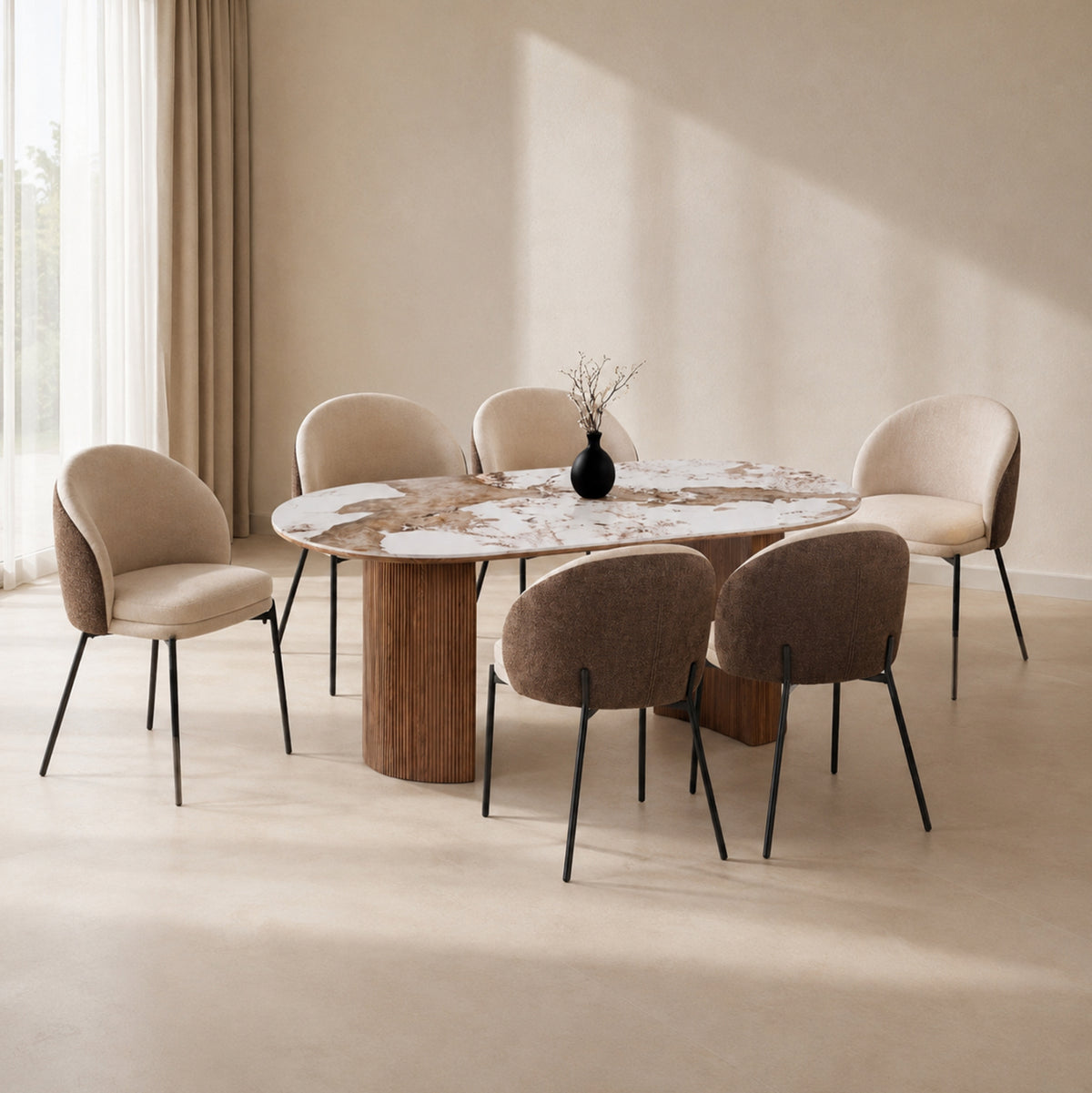 Dining Set 7pcs Detton Hm12100.02 Ceramic Top In Pandora Color Scheme--beige/brown Color Fabric