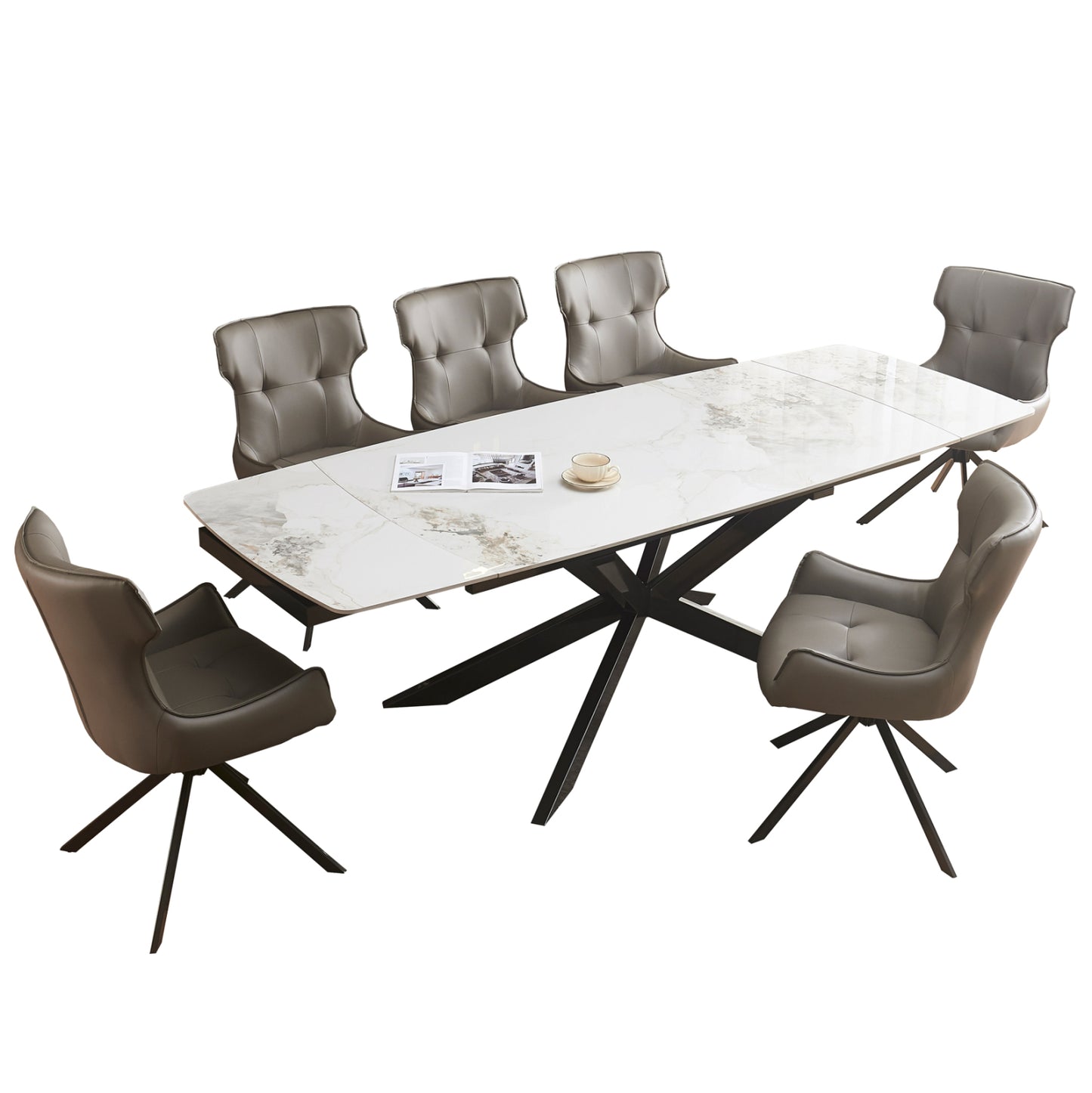 Dining Set 7pcs Aira Hm21358 Extendable Ceramic Top--pu In Grey