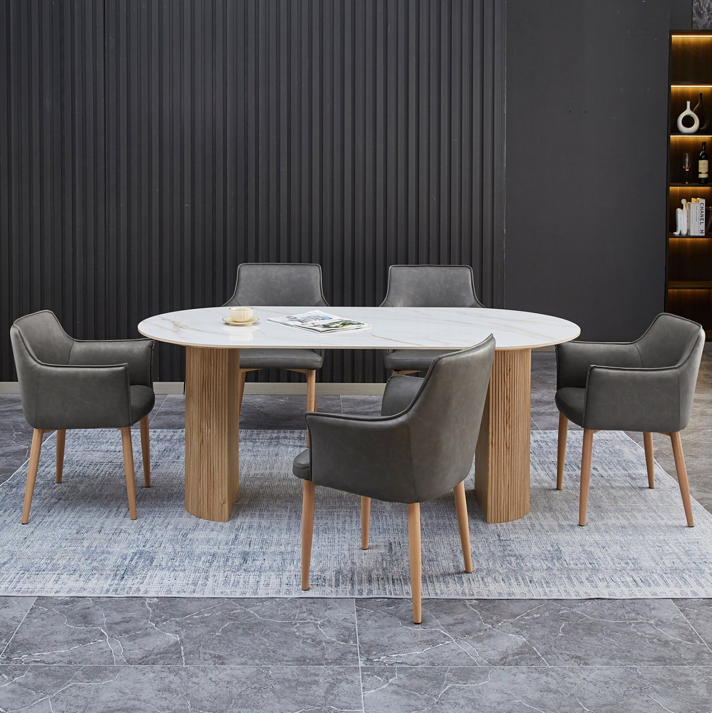 Dining Set 7pcs Mellow Hm21360 Ceramic Top/mdf Legs--pu In Grey/metal Legs