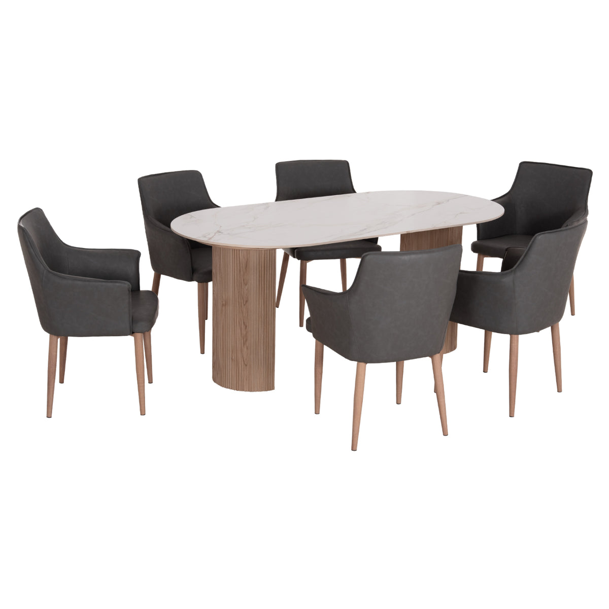 Dining Set 7pcs Mellow Hm21360 Ceramic Top/mdf Legs--pu In Grey/metal Legs