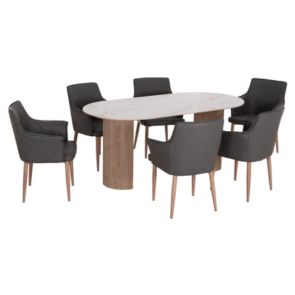 Dining Set 7pcs Mellow Hm21360 Ceramic Top/mdf Legs--pu In Grey/metal Legs
