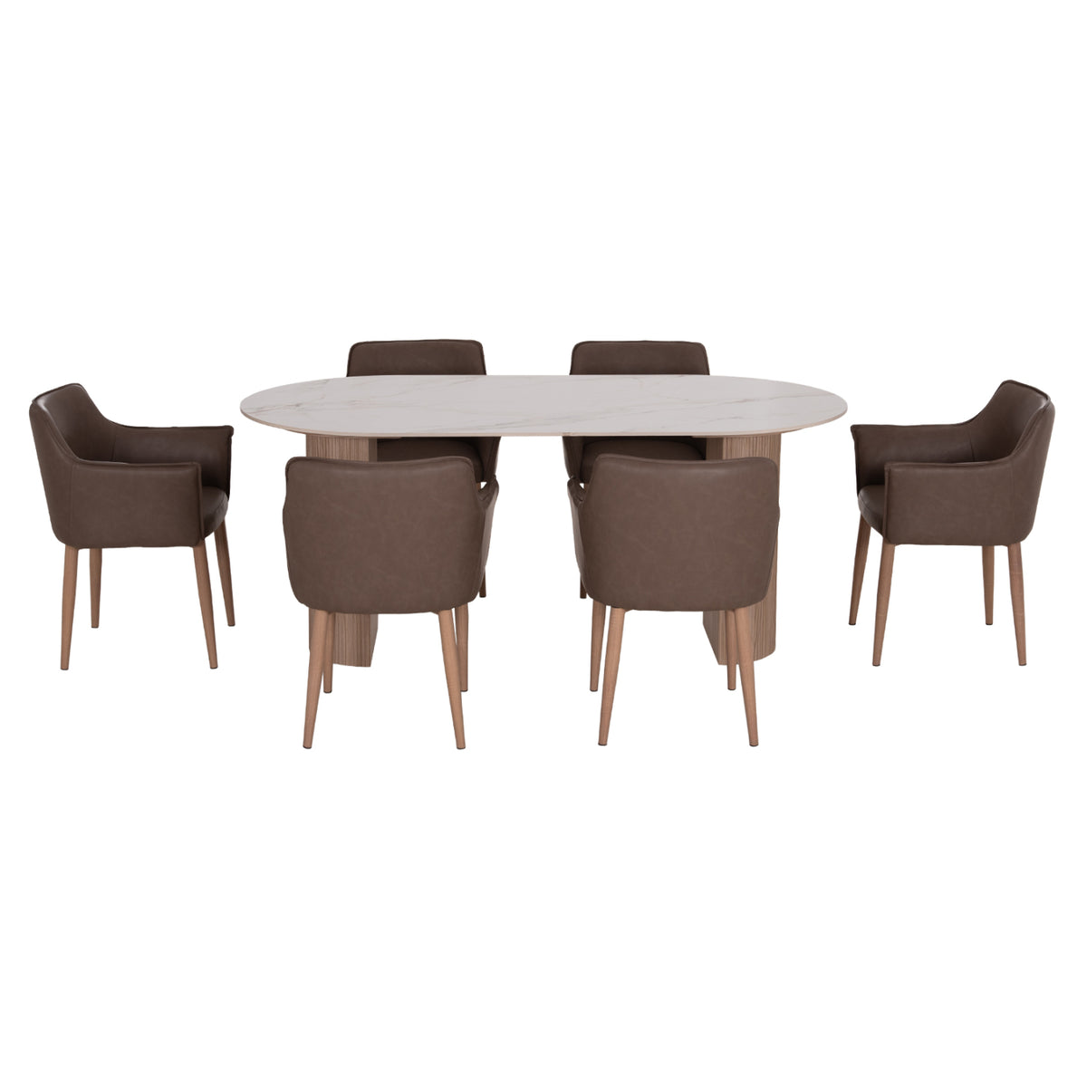 Dining Set 7pcs Mellow Hm21361 Ceramic Top/mdf Legs--pu In Brown/metal Legs