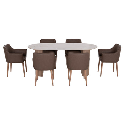 Dining Set 7pcs Mellow Hm21361 Ceramic Top/mdf Legs--pu In Brown/metal Legs