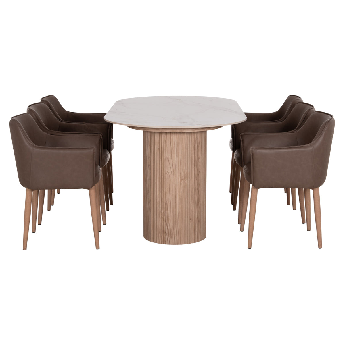 Dining Set 7pcs Mellow Hm21361 Ceramic Top/mdf Legs--pu In Brown/metal Legs