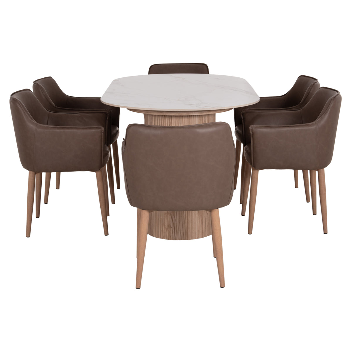 Dining Set 7pcs Mellow Hm21361 Ceramic Top/mdf Legs--pu In Brown/metal Legs