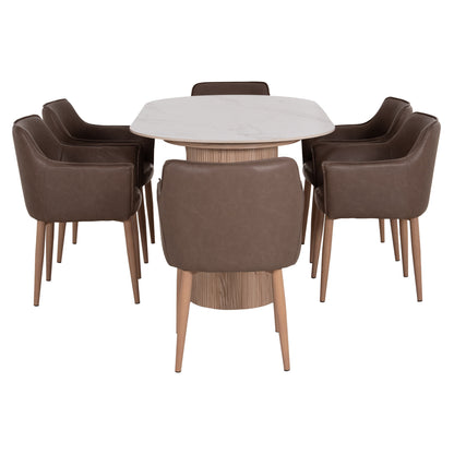 Dining Set 7pcs Mellow Hm21361 Ceramic Top/mdf Legs--pu In Brown/metal Legs