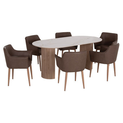 Dining Set 7pcs Mellow Hm21361 Ceramic Top/mdf Legs--pu In Brown/metal Legs