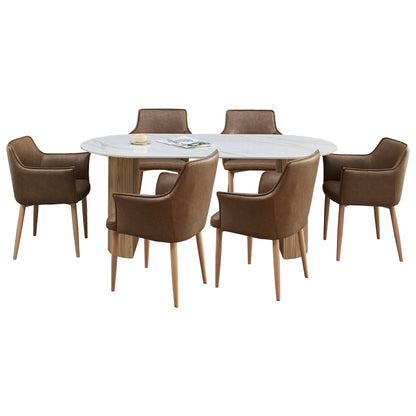 Dining Set 7pcs Mellow Hm21361 Ceramic Top/mdf Legs--pu In Brown/metal Legs