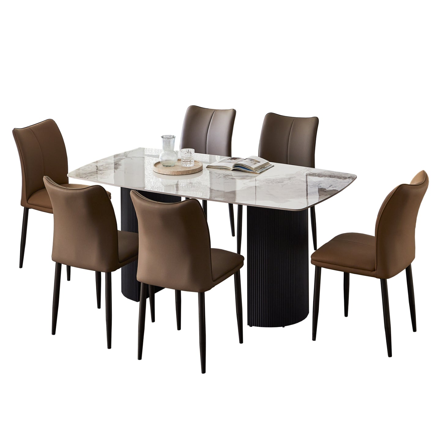 Dining Set 7pcs Minao Hm21362 Ceramic Top/mdf Legs--pu In Coffee Brown/metal Legs