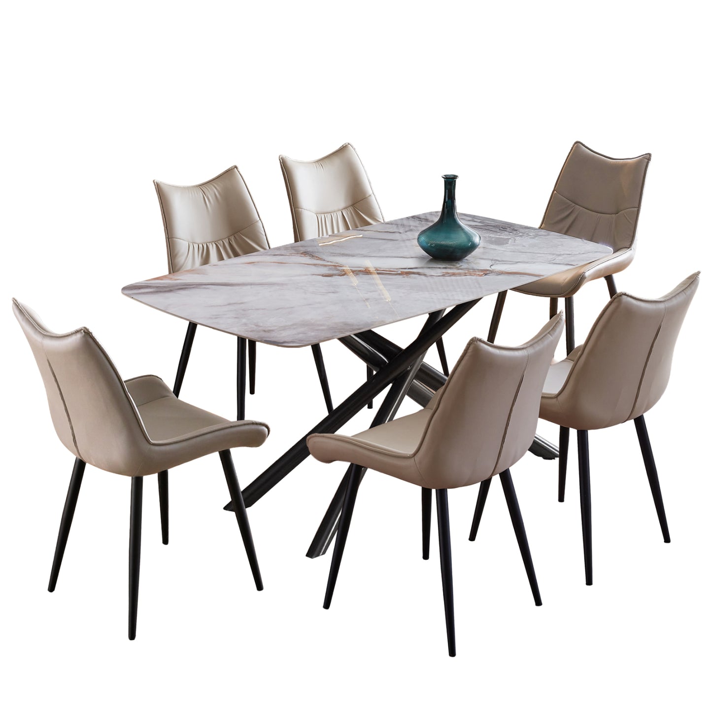 Dining Set 7pcs Iska Hm21363 Ceramic Top/metal Legs--pu In Beige (tortora)/metal Legs