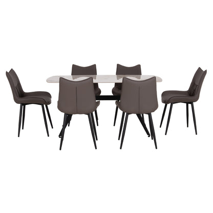 Dining Set 7pcs Aika Hm21364 Ceramic Top/metal Legs--pu In Grey/metal Legs