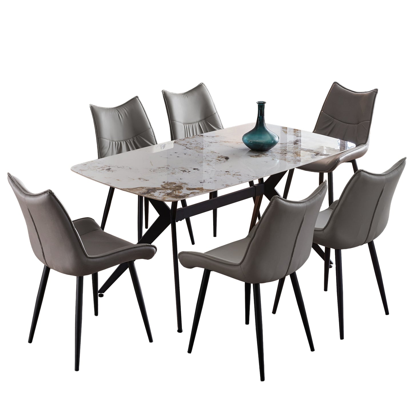Dining Set 7pcs Aika Hm21364 Ceramic Top/metal Legs--pu In Grey/metal Legs