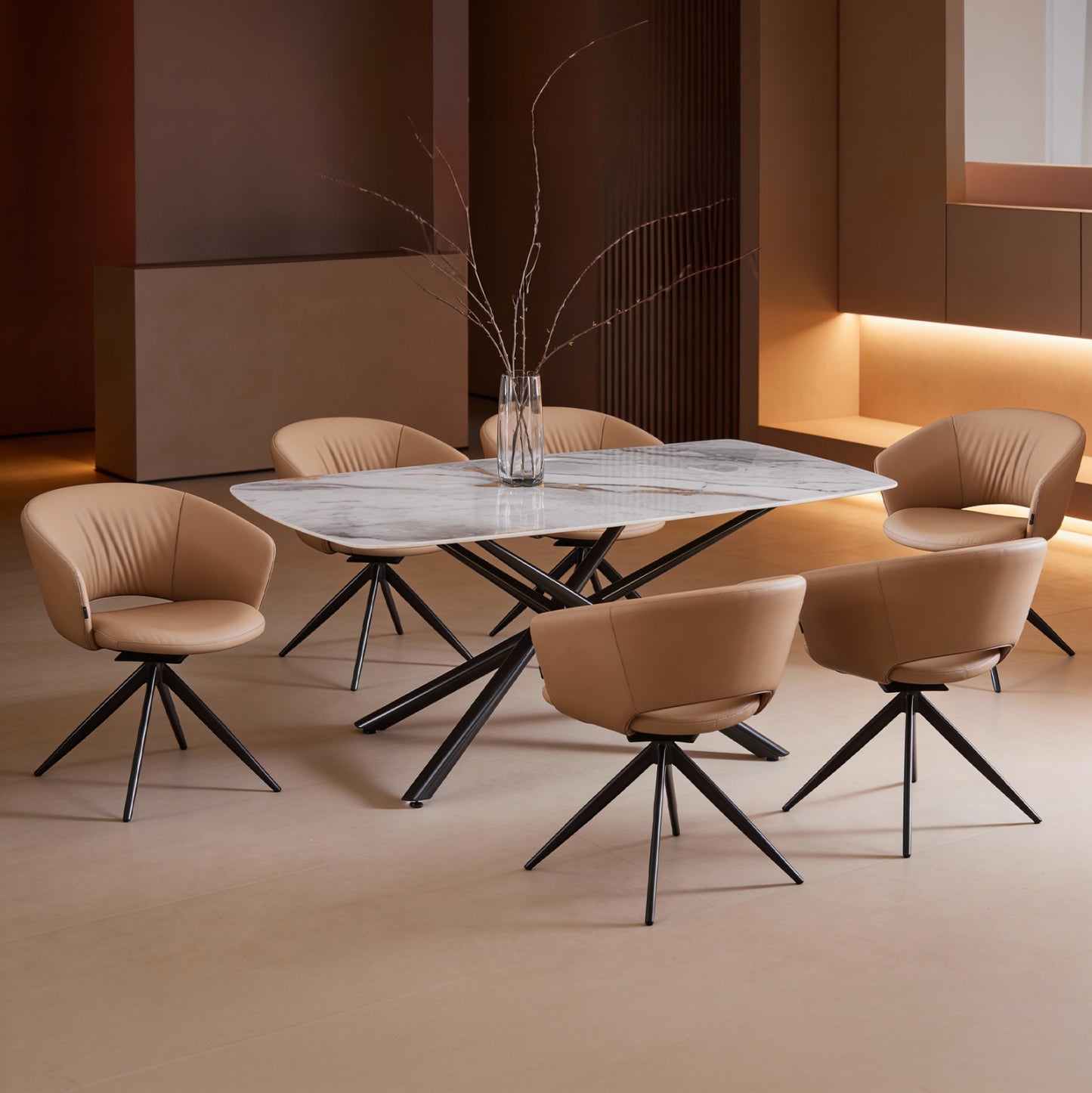 Dining Set 7pcs Hanae Hm21365 Ceramic Top/metal Legs--pu In Mocha (latte)/metal Legs