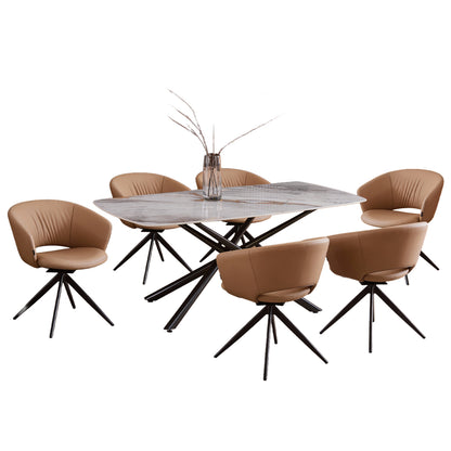 Dining Set 7pcs Hanae Hm21365 Ceramic Top/metal Legs--pu In Mocha (latte)/metal Legs