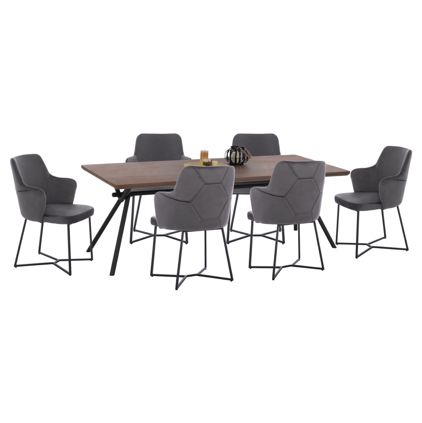 Dining Set 7pcs Table Mdf Walnut Wood Veneer & Armchairs Velvet Grey Hm10638