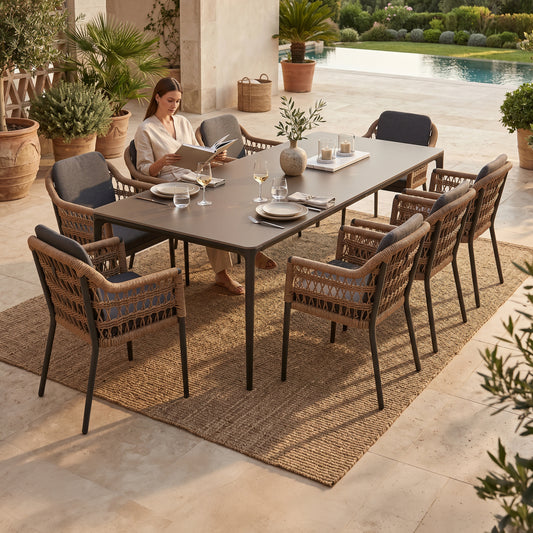 Outdoor Dining Set 9pcs Stad Hm10865.01 Grey Aluminum-sintered Stone Top-olefin Fabric