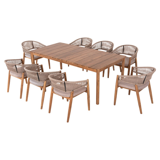 Outdoor Dining Set 9pcs Navant Hm21066.02 Table With 8 Dining Chairs-acacia Wood-rope In Beige