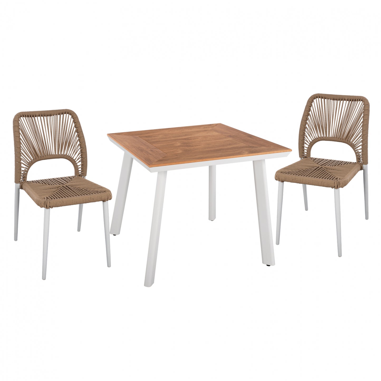 Dining Set 3pcs White Table 80x80 And Chair With Rope Hm11536.01