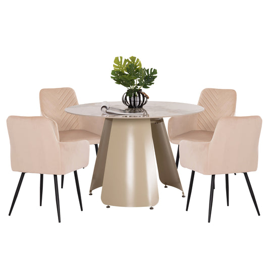 Dining Set 5pcs Sedar Hm10868 Round Dining Table & 4 Dining Chairs- Ecru