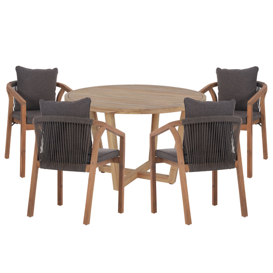 Outdoor Dining Set 5pcs Paraiso Hm10898.02 Acacia Wood In Natural--cushions In Grey