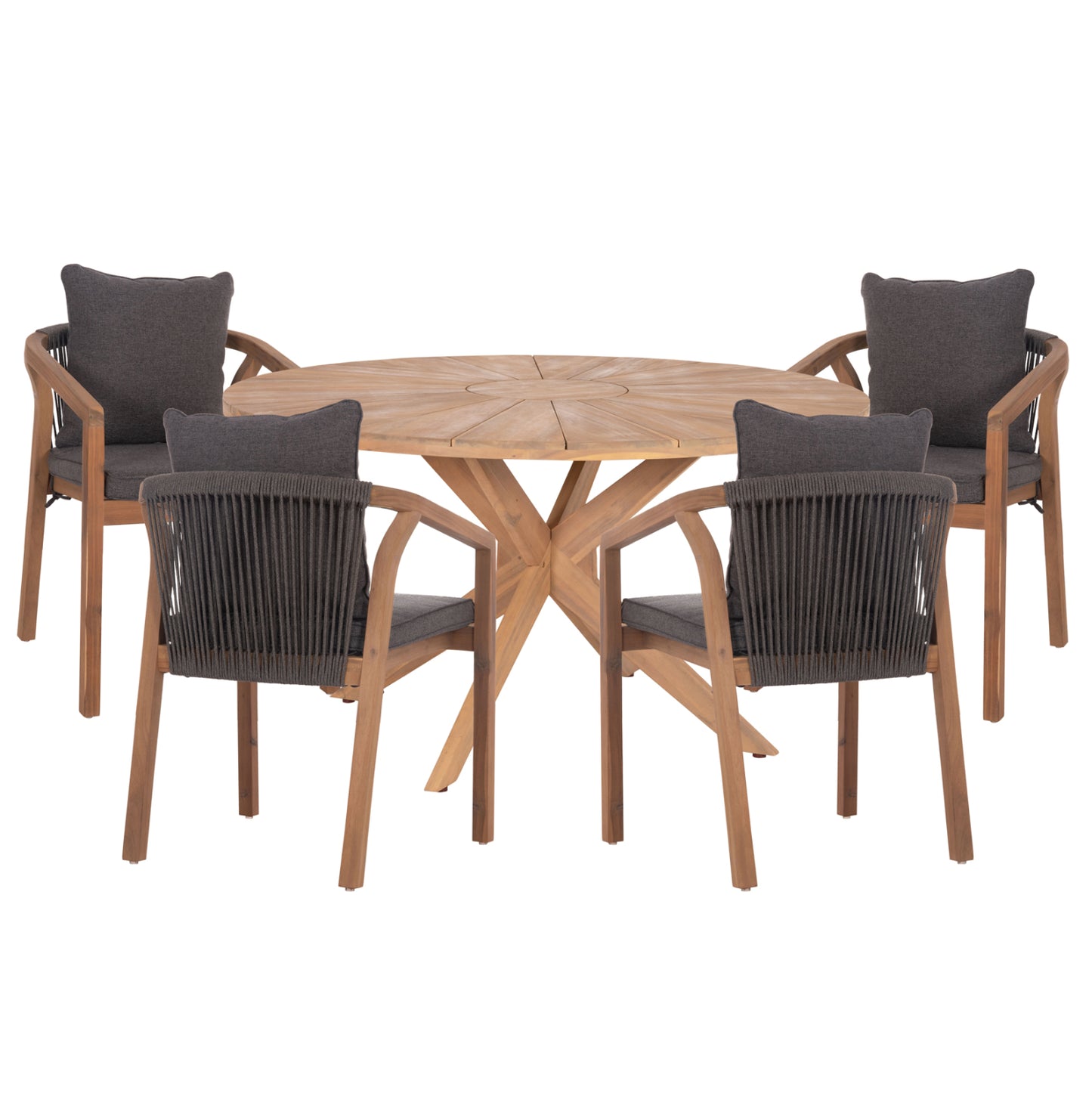 Outdoor Dining Set 5pcs Corten Hm10900.02 Acacia Wood In Natural--cushions In Grey