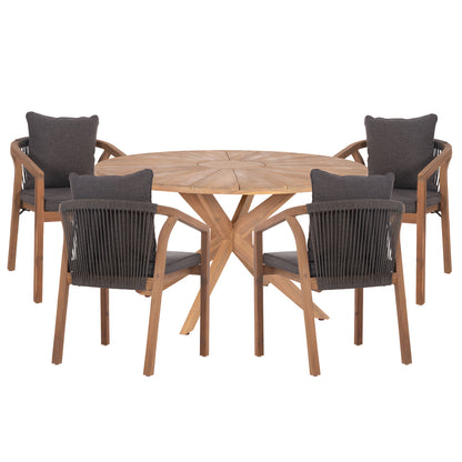 Outdoor Dining Set 5pcs Corten Hm10900.02 Acacia Wood In Natural--cushions In Grey