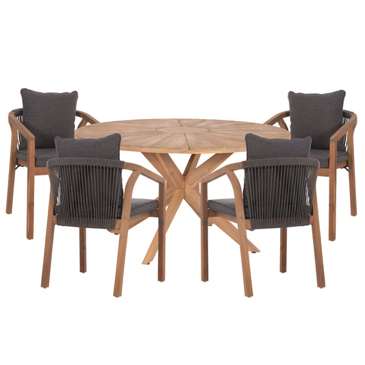 Outdoor Dining Set 5pcs Corten Hm10900.02 Acacia Wood In Natural--cushions In Grey