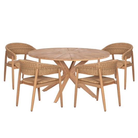 Outdoor Dining Set 5pcs Corten Hm10909 Acacia Wood & Rope In Natural Colors