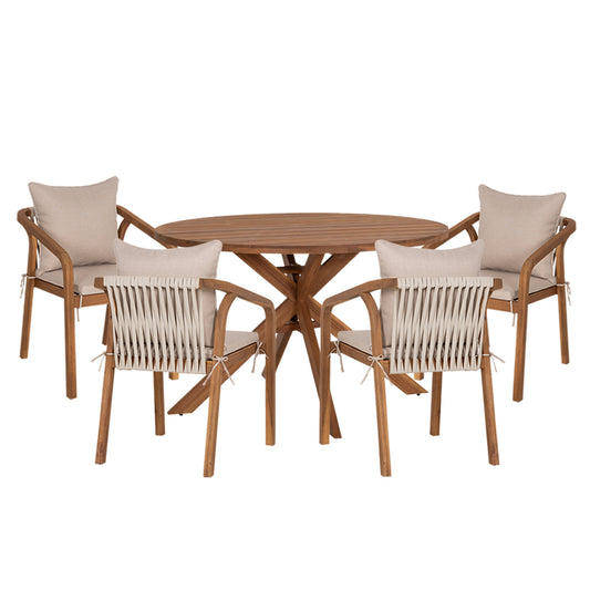 Outdoor Dining Set 5pcs Nori Hm10992 Acacia Wood In Natural-cushions In Beige