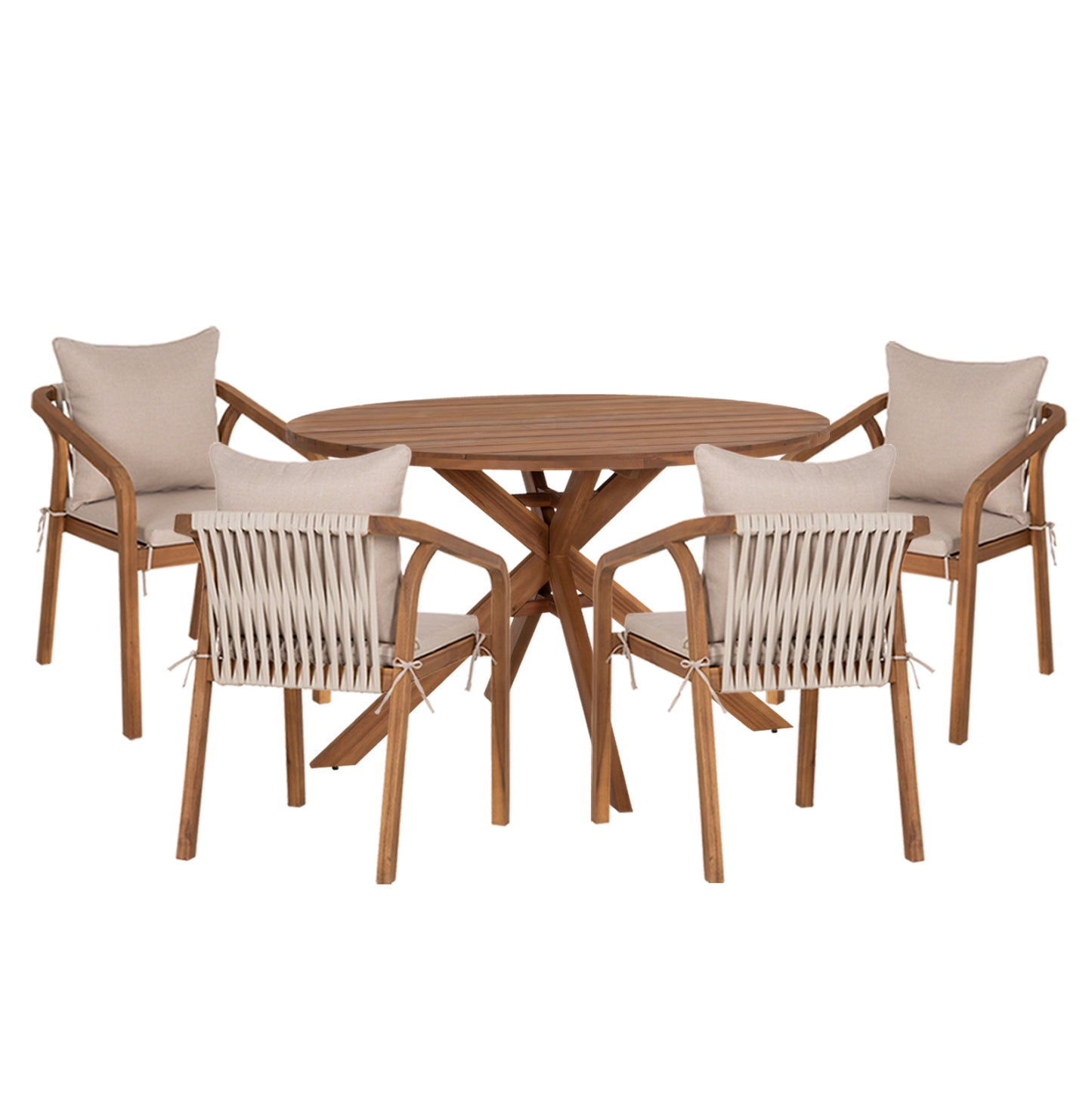 Outdoor Dining Set 5pcs Nori Hm10992 Acacia Wood In Natural-cushions In Beige