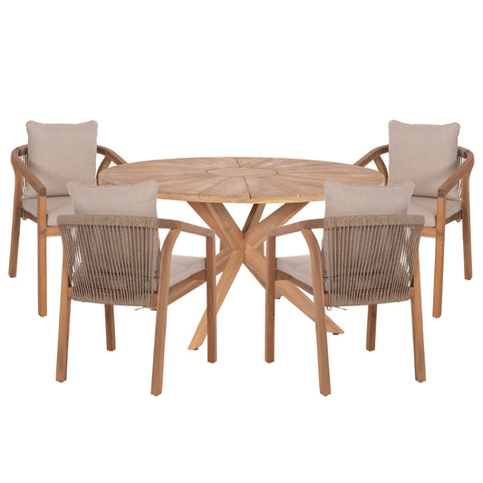Outdoor Dining Set 5pcs Corten Hm10900.01 Acacia Wood In Natural--cushions In Beige