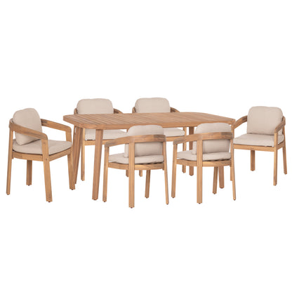 Outdoor Dining Set 7pcs Cravin Hm10903 Acacia Wood In Natural--cushions In Beige