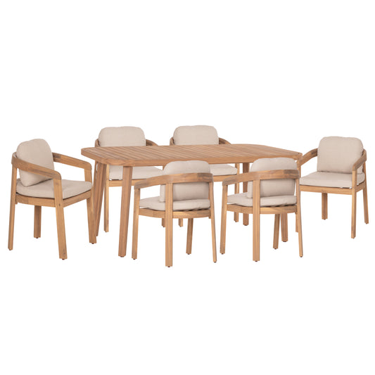 Outdoor Dining Set 7pcs Cravin Hm10903 Acacia Wood In Natural--cushions In Beige