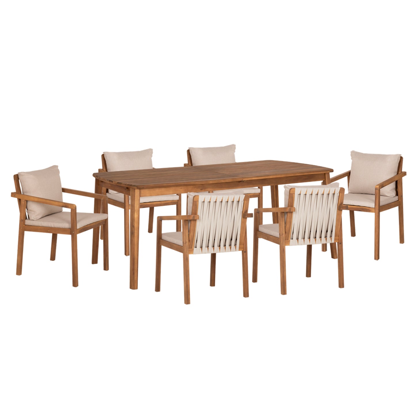 Outdoor Dining Set 7pcs Fey Hm10980 Acacia Wood In Natural--cushions In Beige
