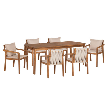 Outdoor Dining Set 7pcs Fey Hm10980 Acacia Wood In Natural--cushions In Beige