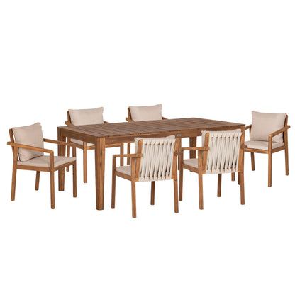 Outdoor Dining Set 7pcs Nole Hm10989 Acacia Wood In Natural-cushions In Beige