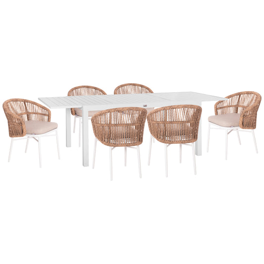 Outdoor Dining Set 7pcs Krum Hm21148 White Aluminum-p.e.rattan
