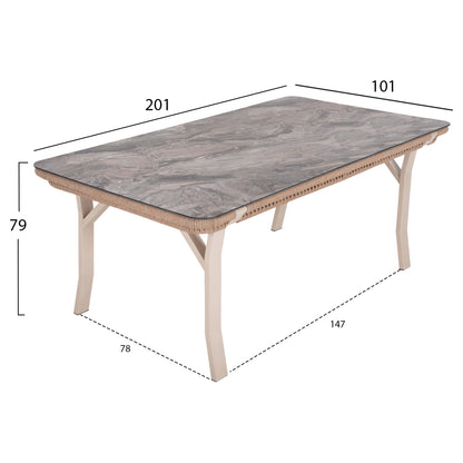 Outdoor Dining Set 7pcs Drimm Hm6119.01 Aluminum In Beige-hpl Grey Marble-capuccino Cushions And Rope