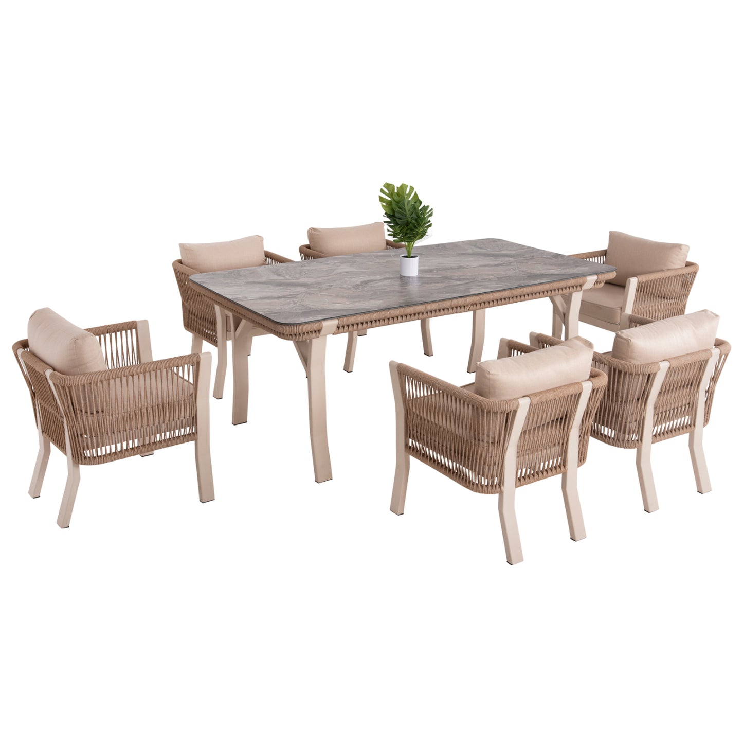 Outdoor Dining Set 7pcs Drimm Hm6119.01 Aluminum In Beige-hpl Grey Marble-capuccino Cushions And Rope