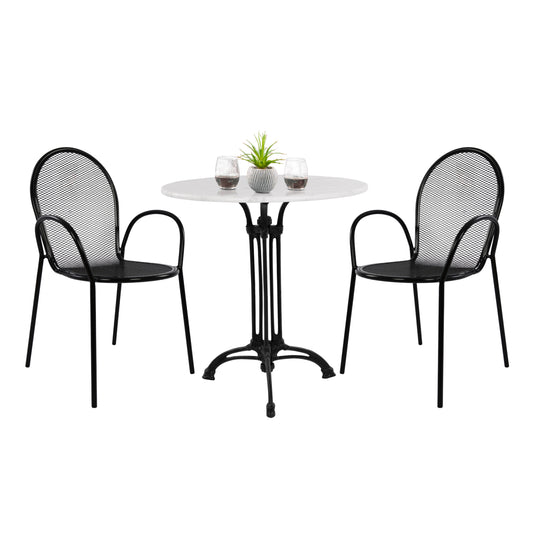 Outdoor Dining Set Hm11881 3pcs Round Table With White Marble-black Metal Armchairs