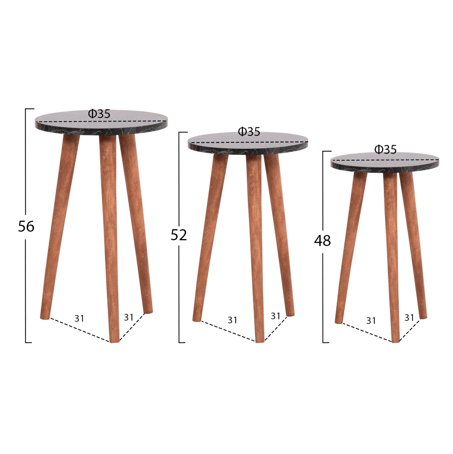 Set Of Coffee Table & 3 Side Tables Vital Hm18180.02 Melamine In Black Marble-wooden Legs In Walnut