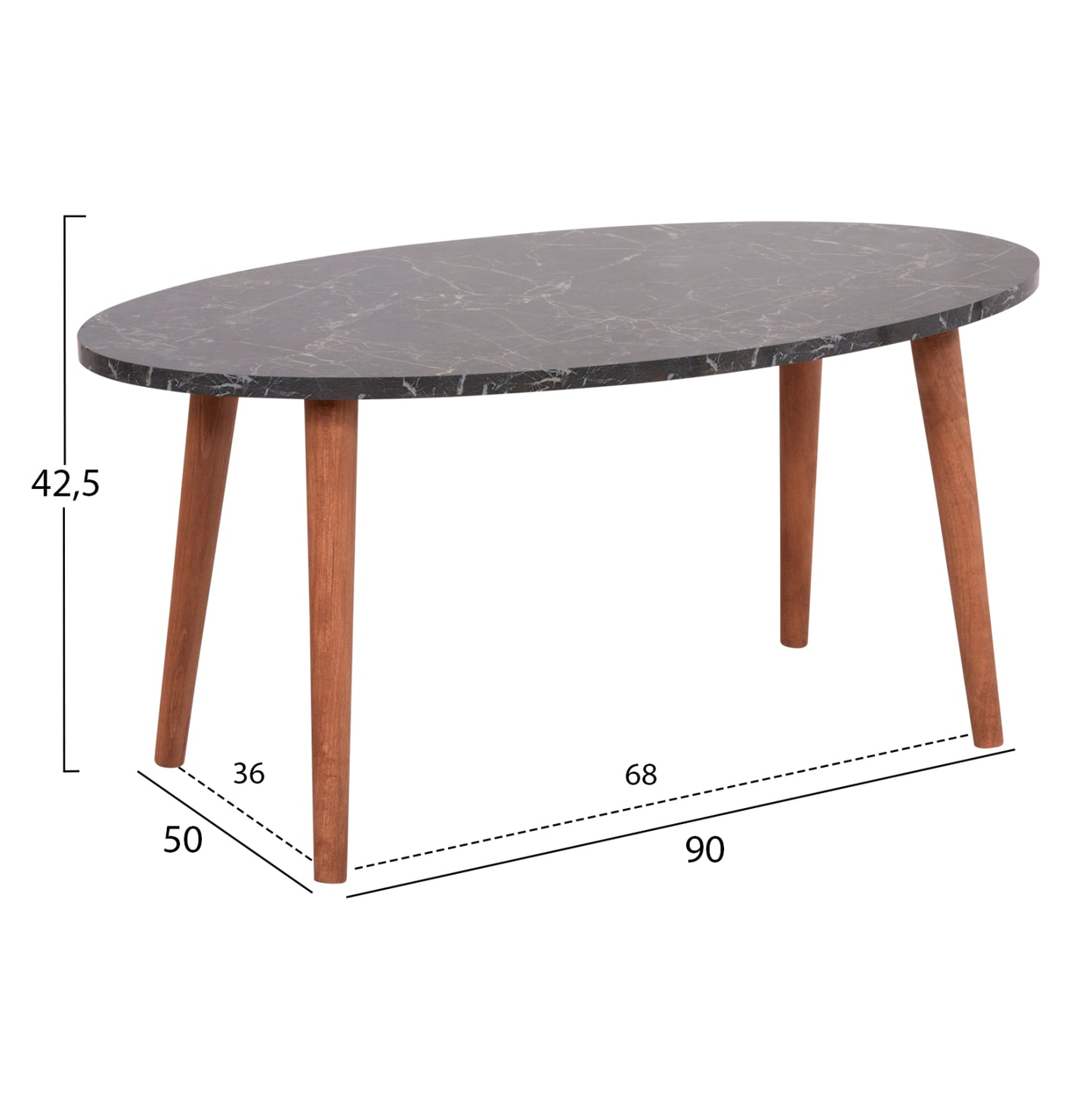Set Of Coffee Table & 3 Side Tables Vital Hm18180.02 Melamine In Black Marble-wooden Legs In Walnut