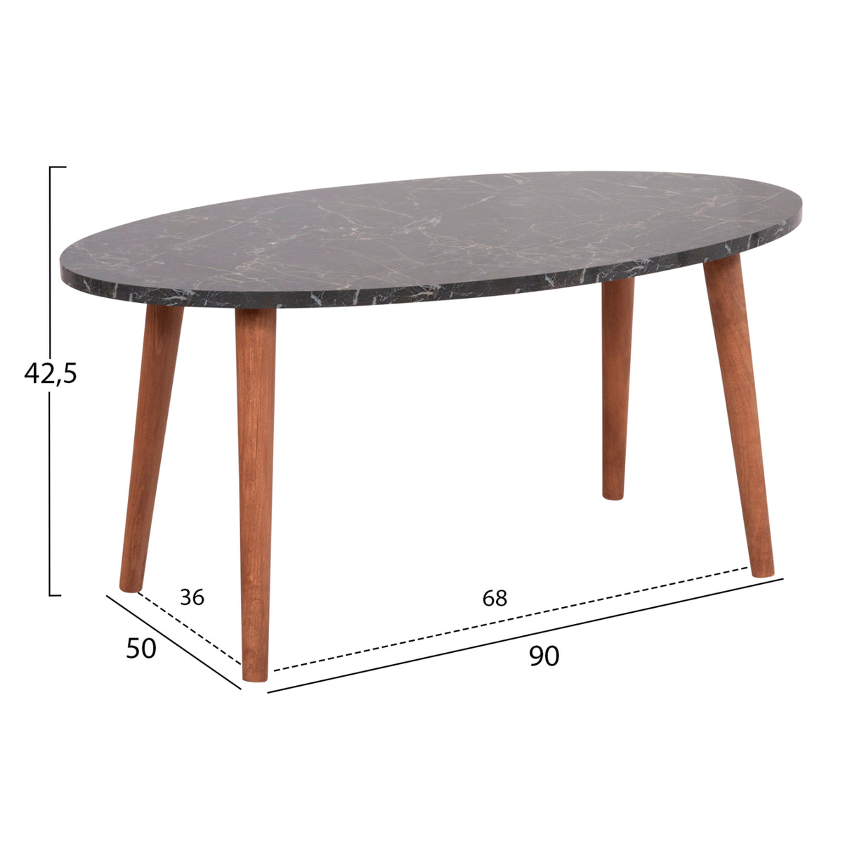 Set Of Coffee Table & 3 Side Tables Vital Hm18180.02 Melamine In Black Marble-wooden Legs In Walnut