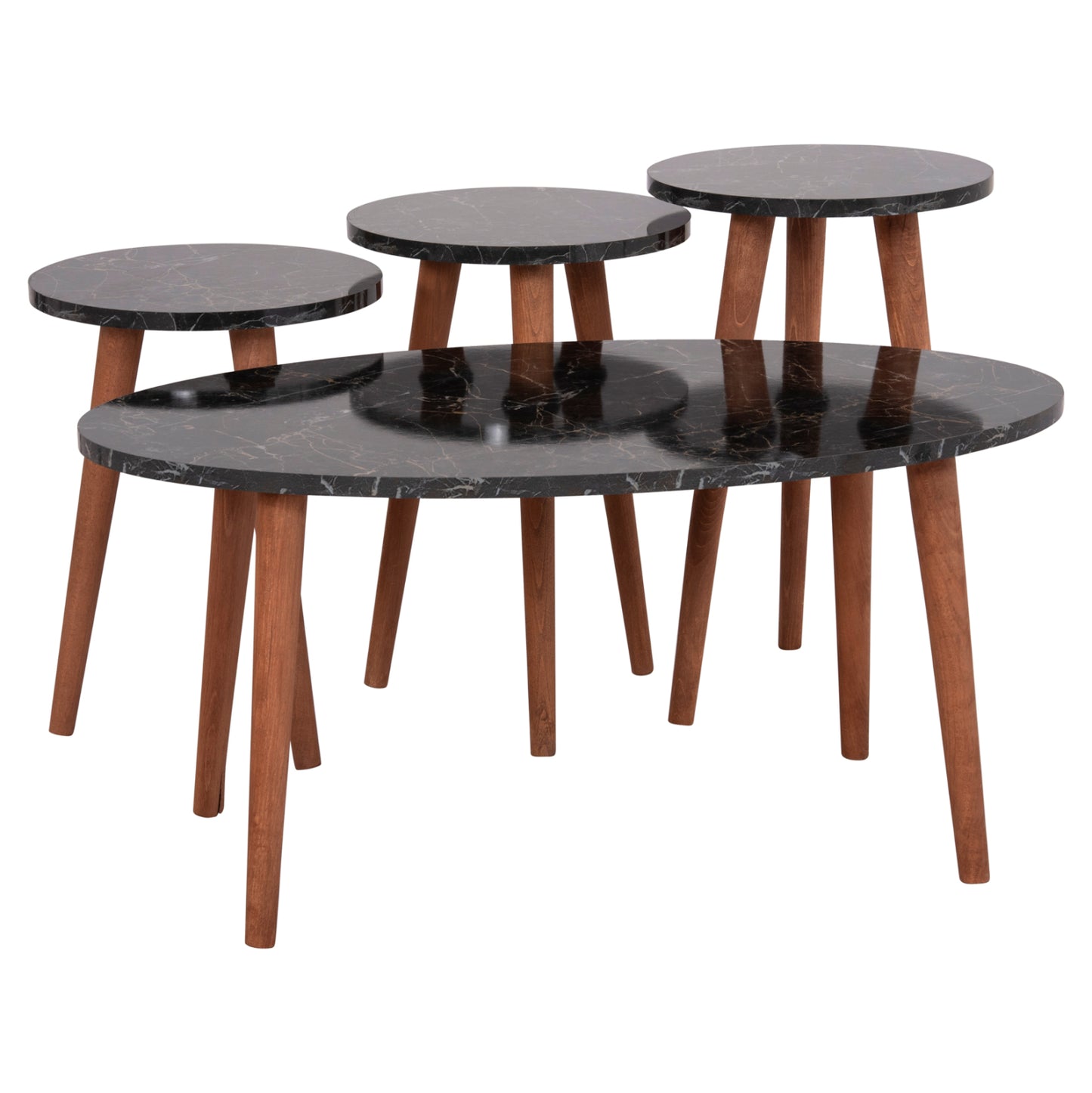 Set Of Coffee Table & 3 Side Tables Vital Hm18180.02 Melamine In Black Marble-wooden Legs In Walnut