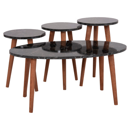 Set Of Coffee Table & 3 Side Tables Vital Hm18180.02 Melamine In Black Marble-wooden Legs In Walnut