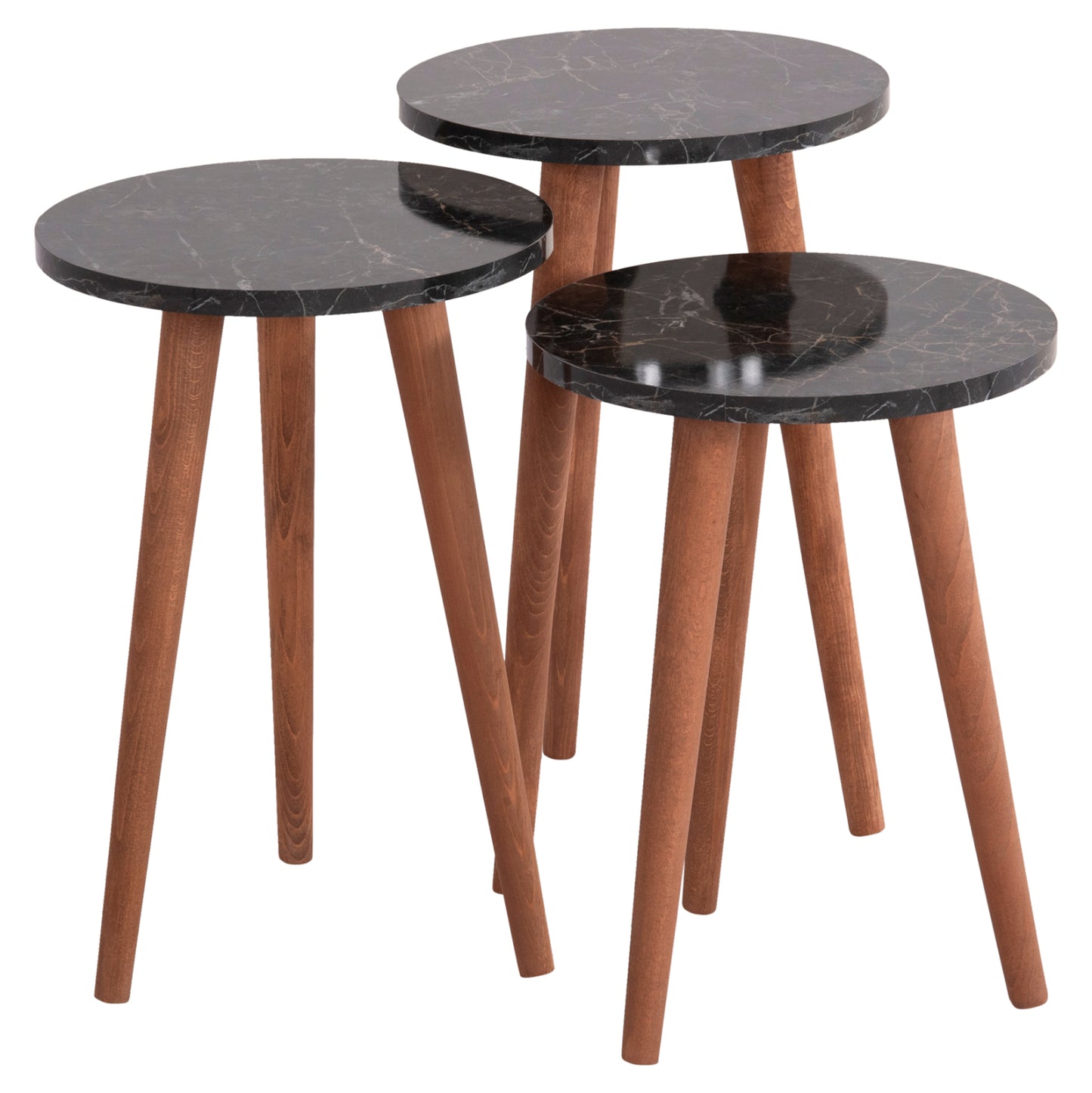 Set Of Coffee Table & 3 Side Tables Vital Hm18180.02 Melamine In Black Marble-wooden Legs In Walnut